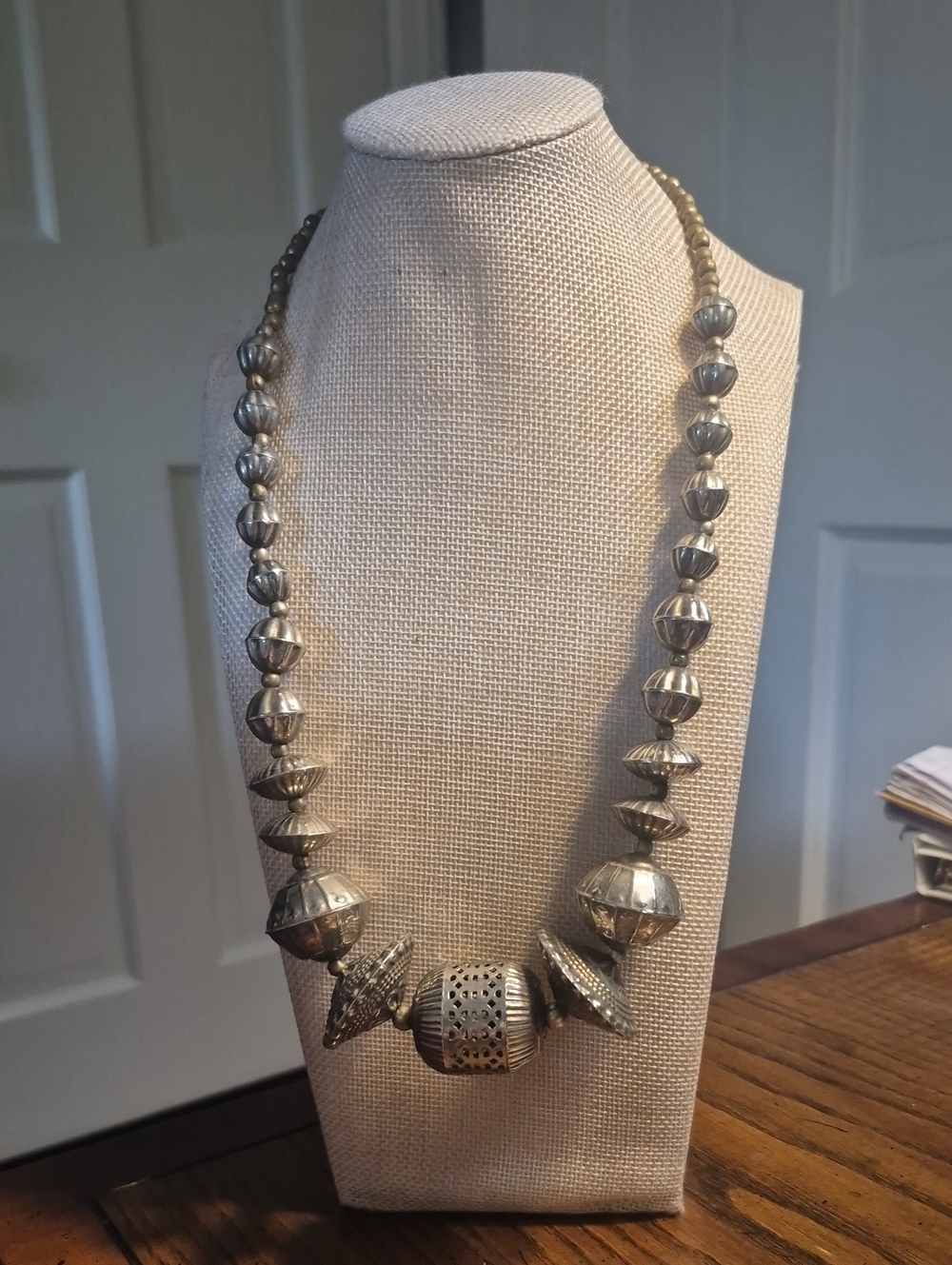 Vintage African Ethiopian Brass Padre Beads And Silver Necklace Untested Hollow